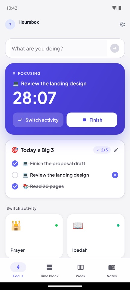 Hoursbox — a focus session running, with today’s Big 3
